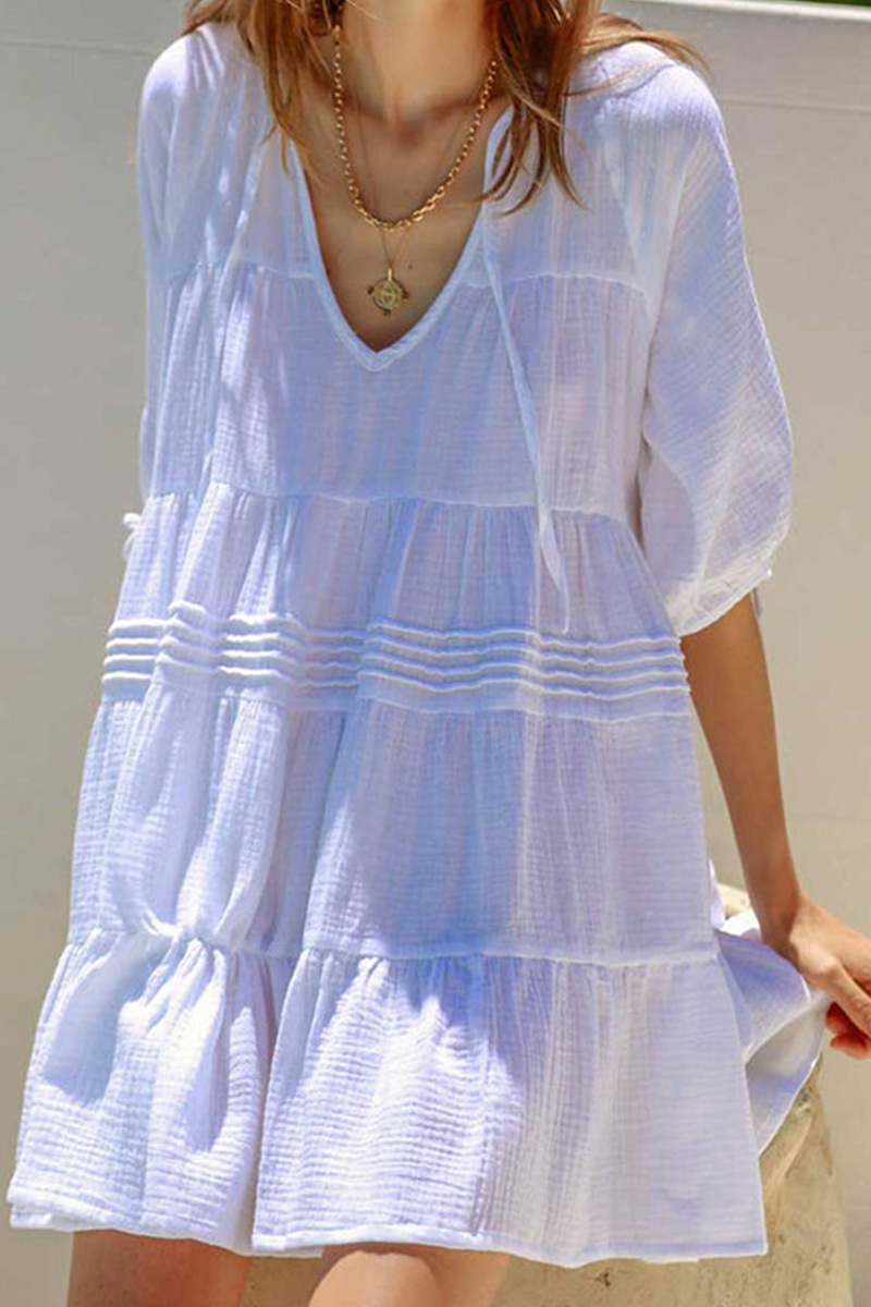 Vestidos casuales de falda pastel con cuello en V y cordón ajustable de color sólido