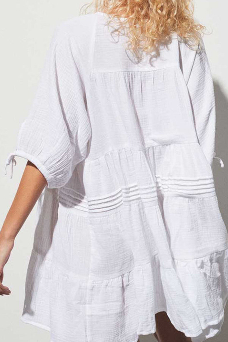 Vestidos casuales de falda pastel con cuello en V y cordón ajustable de color sólido