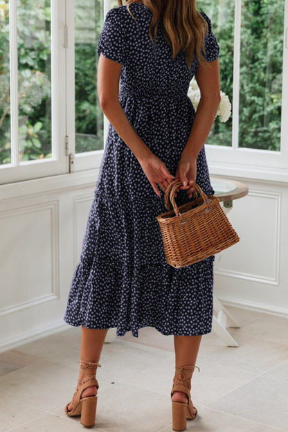 Fashion Dot Patchwork Square Collar Cake Skirt Dresses(8 Colors)