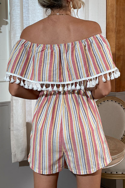 Casual Print Tassel Off the Shoulder Straight Rompers