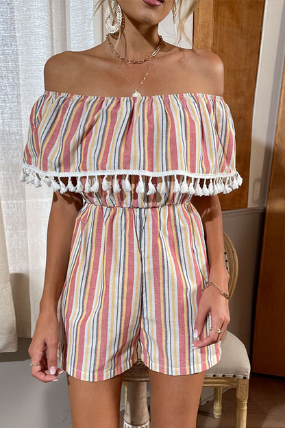 Casual Print Tassel Off the Shoulder Straight Rompers