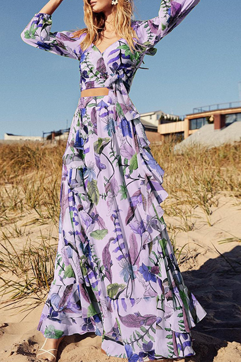 Vestidos con falda pastel, cuello en V y patchwork con estampado de moda