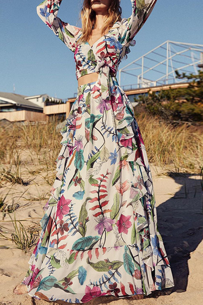 Vestidos con falda pastel, cuello en V y patchwork con estampado de moda