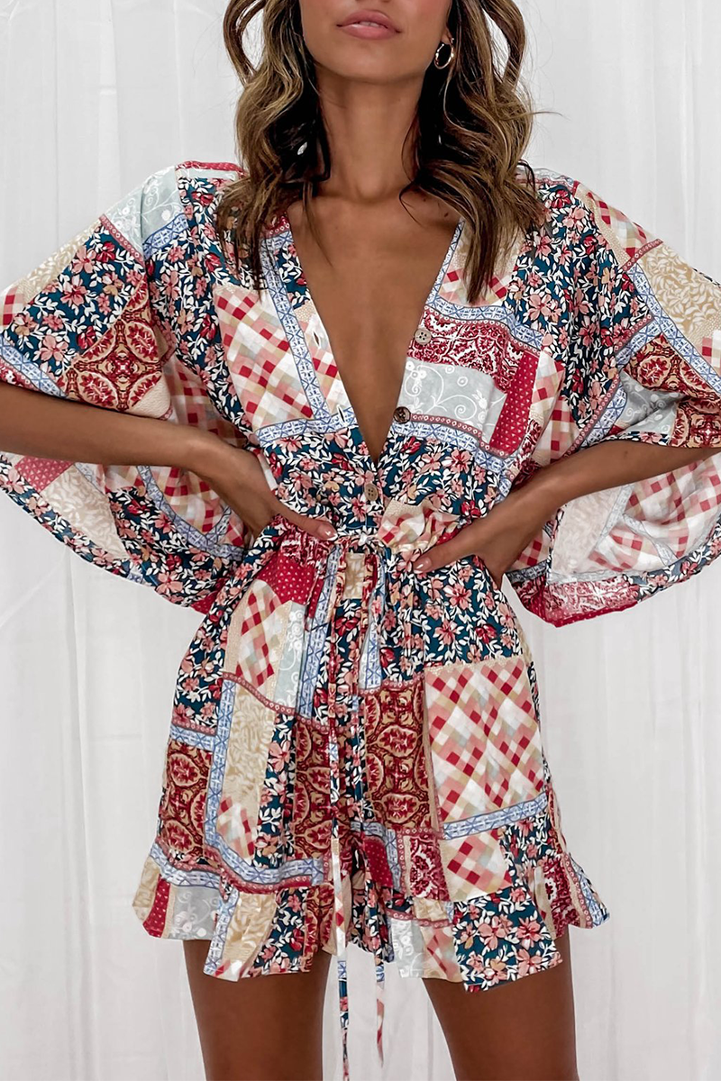 Mono recto con cuello en V y estampado de patchwork de moda (7 colores)