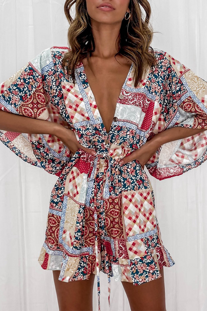 Mono recto con cuello en V y estampado de patchwork de moda (7 colores)