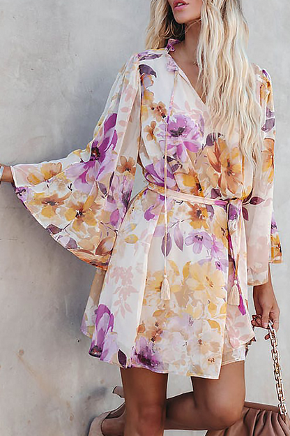 Casual Print Patchwork V Neck Cake Skirt Dresses