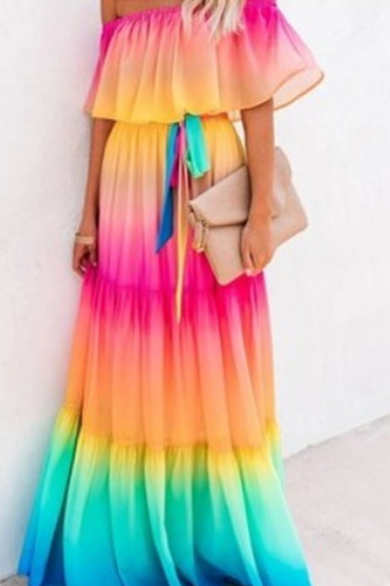 Vestidos casuales con falda pastel, hombros descubiertos y volantes de cambio gradual (4 colores)