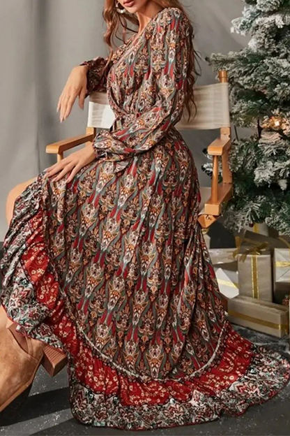 Vestidos con falda pastel, cuello en V y patchwork con estampado de moda