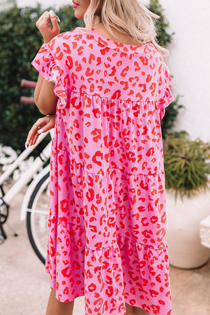 Vestidos casuales con falda pastel, cuello redondo y volantes de leopardo (3 colores)