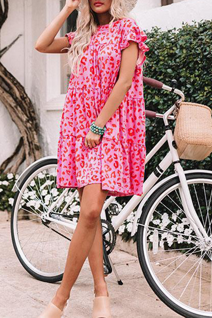 Vestidos casuales con falda pastel, cuello redondo y volantes de leopardo (3 colores)