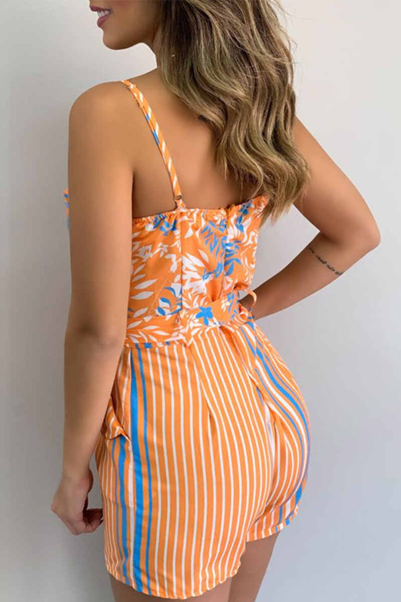 Casual Print Patchwork Spaghetti Strap Straight Rompers