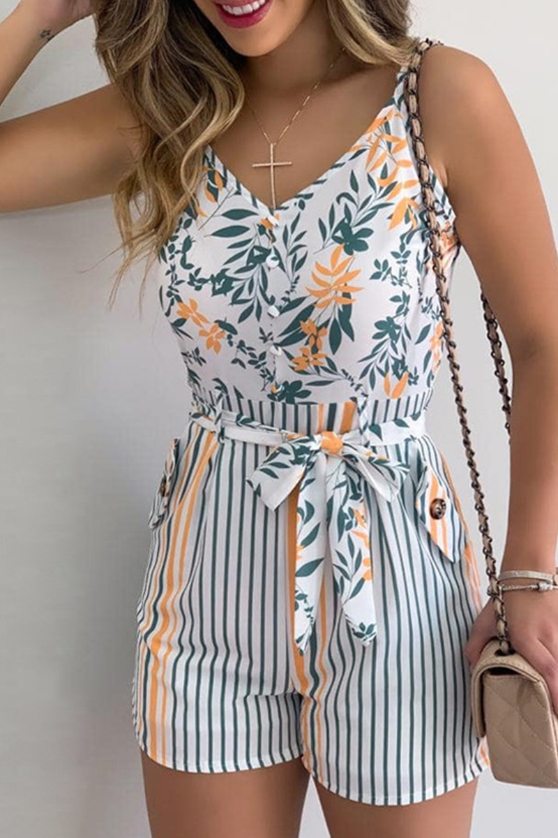 Casual Print Patchwork Spaghetti Strap Straight Rompers
