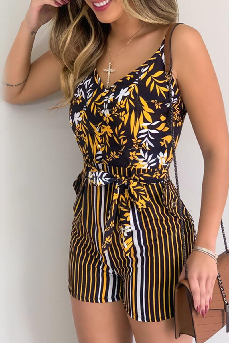 Casual Print Patchwork Spaghetti Strap Straight Rompers