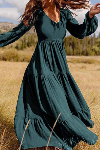 Vestidos casuales de falda pastel con cuello en U y volantes lisos (3 colores)