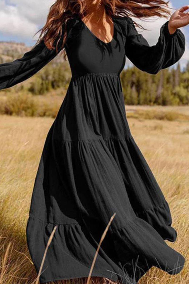 Vestidos casuales de falda pastel con cuello en U y volantes lisos (3 colores)