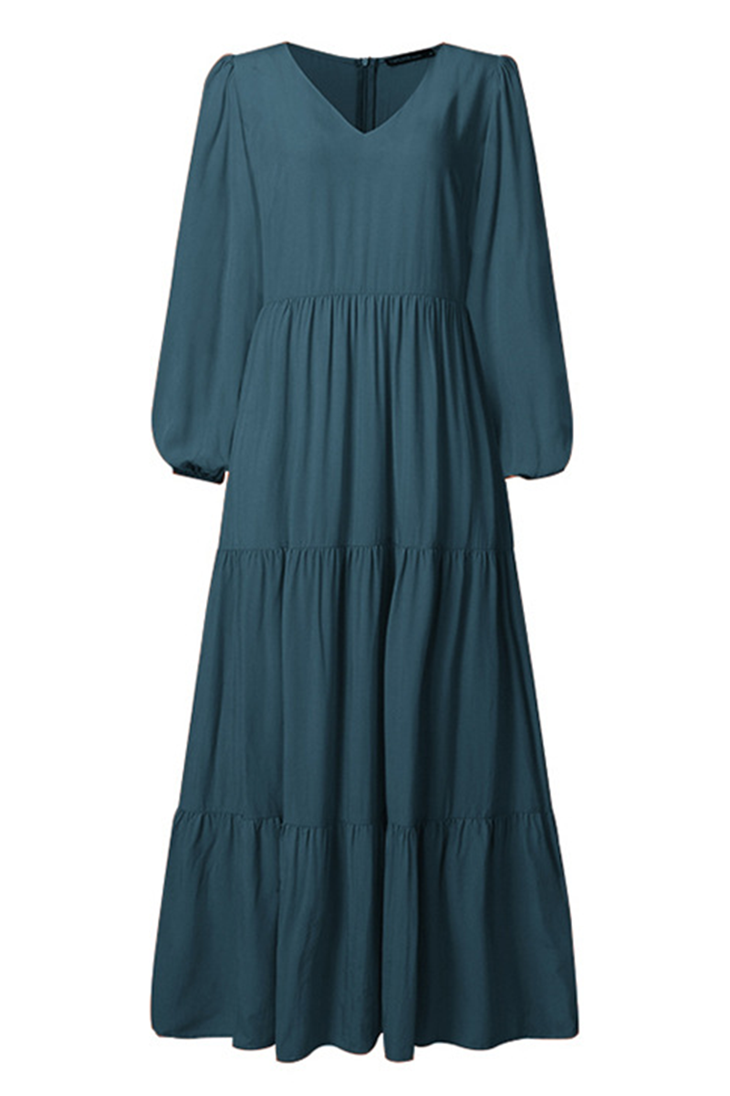 Vestidos casuales de falda pastel con cuello en U y volantes lisos (3 colores)