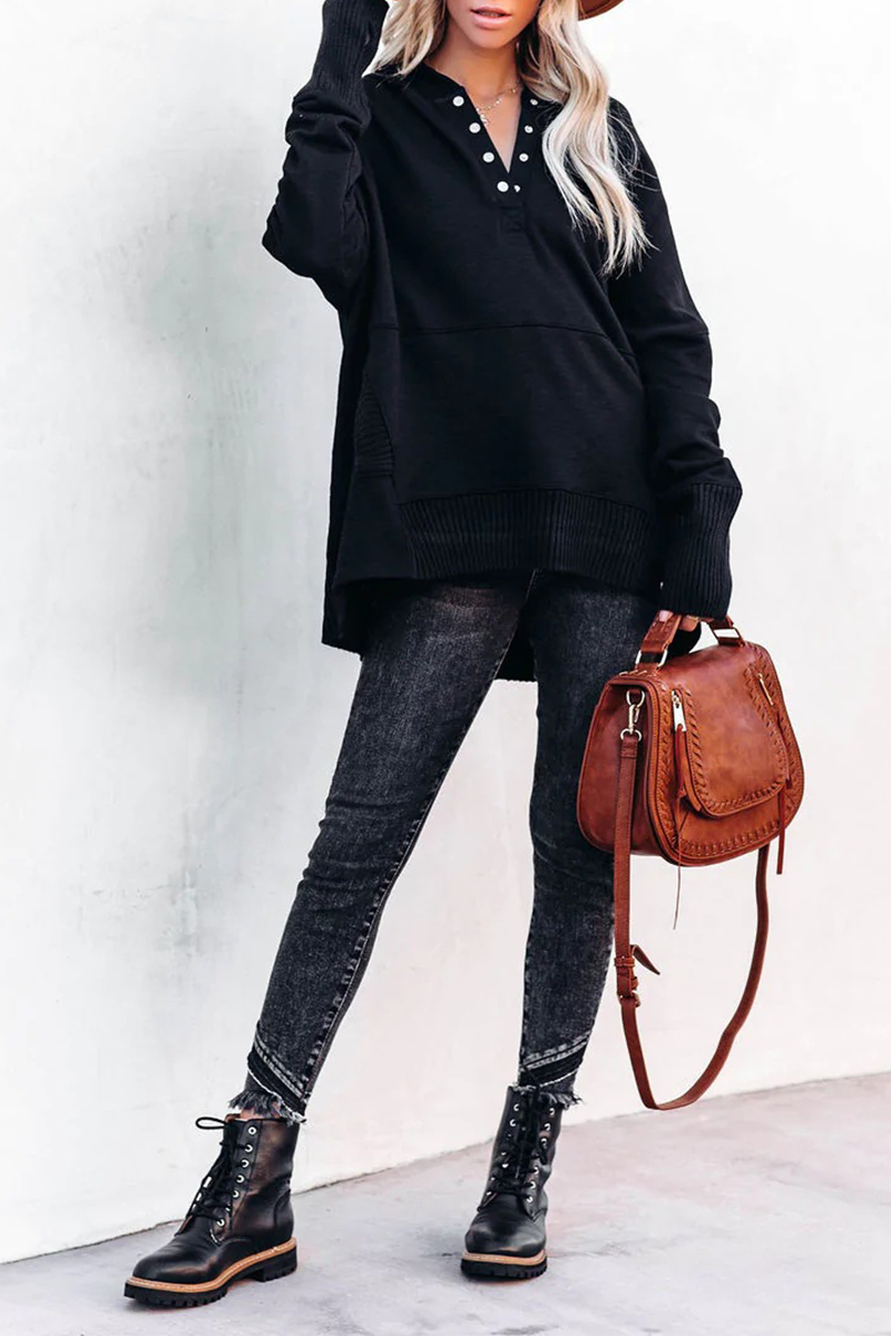 Casual Solid Buckle Hooded Collar Tops