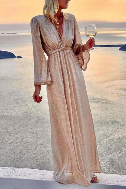 Vestido de noche elegante de moda con cuello en V y pliegues de patchwork liso (4 colores)