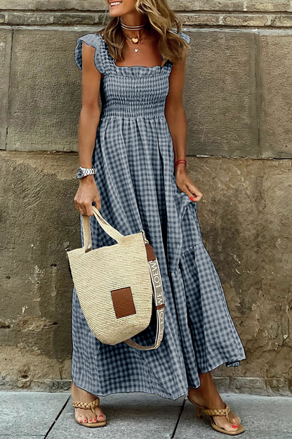 Vestidos de moda con falda pastel y cuello cuadrado de patchwork a cuadros