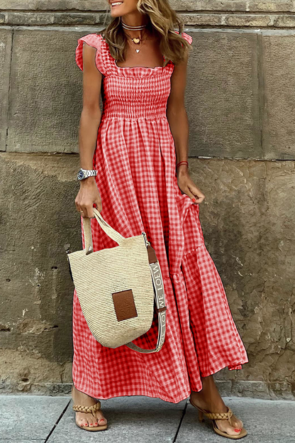 Vestidos de moda con falda pastel y cuello cuadrado de patchwork a cuadros