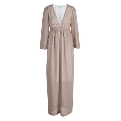 Vestido de noche elegante de moda con cuello en V y pliegues de patchwork liso (4 colores)