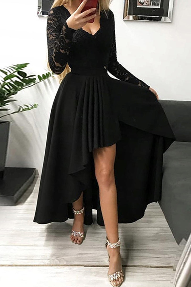 Vestidos elegantes de celebridades con encaje de patchwork, color liso, escote en V, corte A (3 colores)