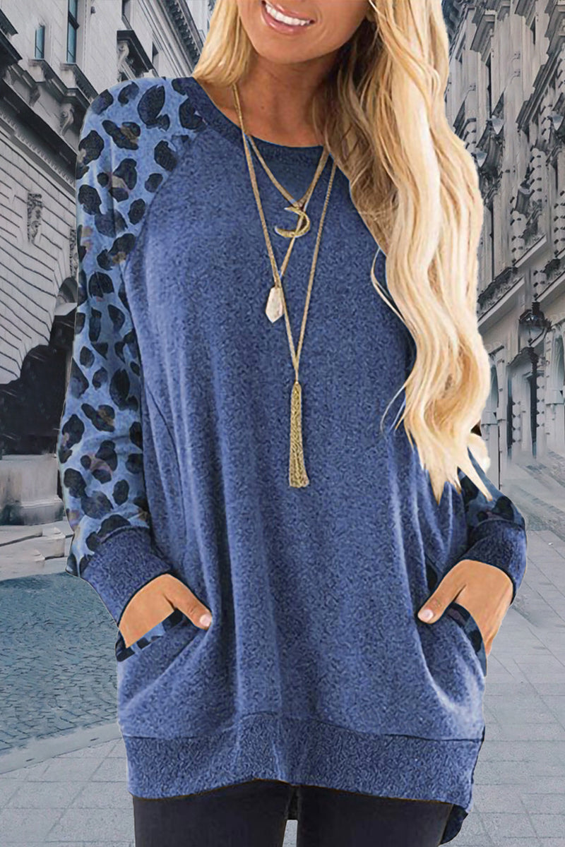 Tops casuales elegantes de cuello redondo con contraste sólido