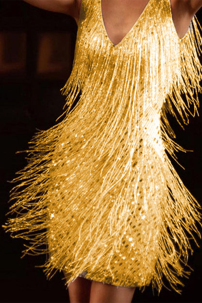 Vestido de noche elegante con cuello en V y borlas lisas de retazos (4 colores)