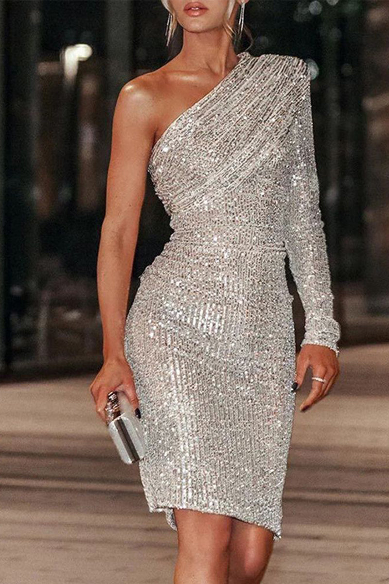 Vestido de una sola pieza con cuello oblicuo, elegante y sexy con lentejuelas lisas (5 colores)