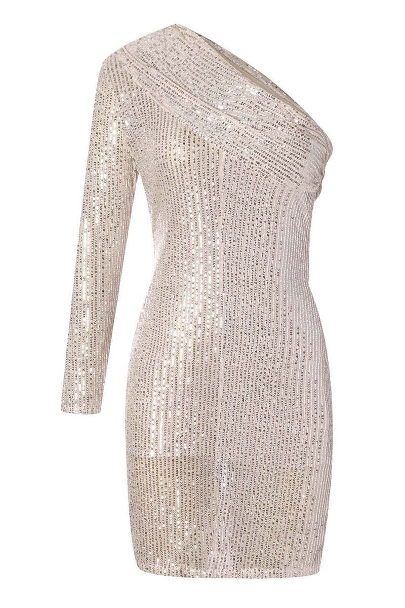 Vestido de una sola pieza con cuello oblicuo, elegante y sexy con lentejuelas lisas (5 colores)