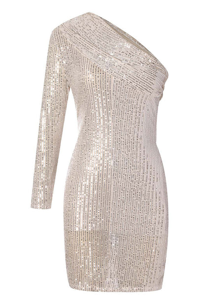 Vestido de una sola pieza con cuello oblicuo, elegante y sexy con lentejuelas lisas (5 colores)