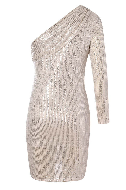 Vestido de una sola pieza con cuello oblicuo, elegante y sexy con lentejuelas lisas (5 colores)