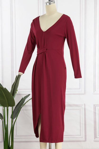 Elegante vestido de noche liso con abertura y escote en V (4 colores)