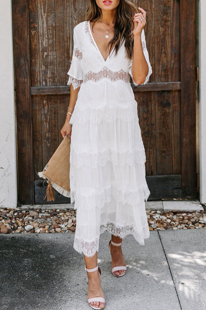 Elegante vestido de encaje liso con escote en V y falda pastel (3 colores)