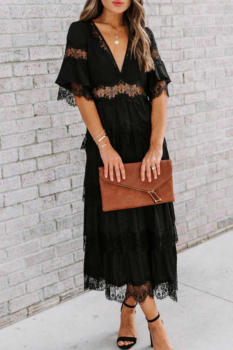 Elegante vestido de encaje liso con escote en V y falda pastel (3 colores)