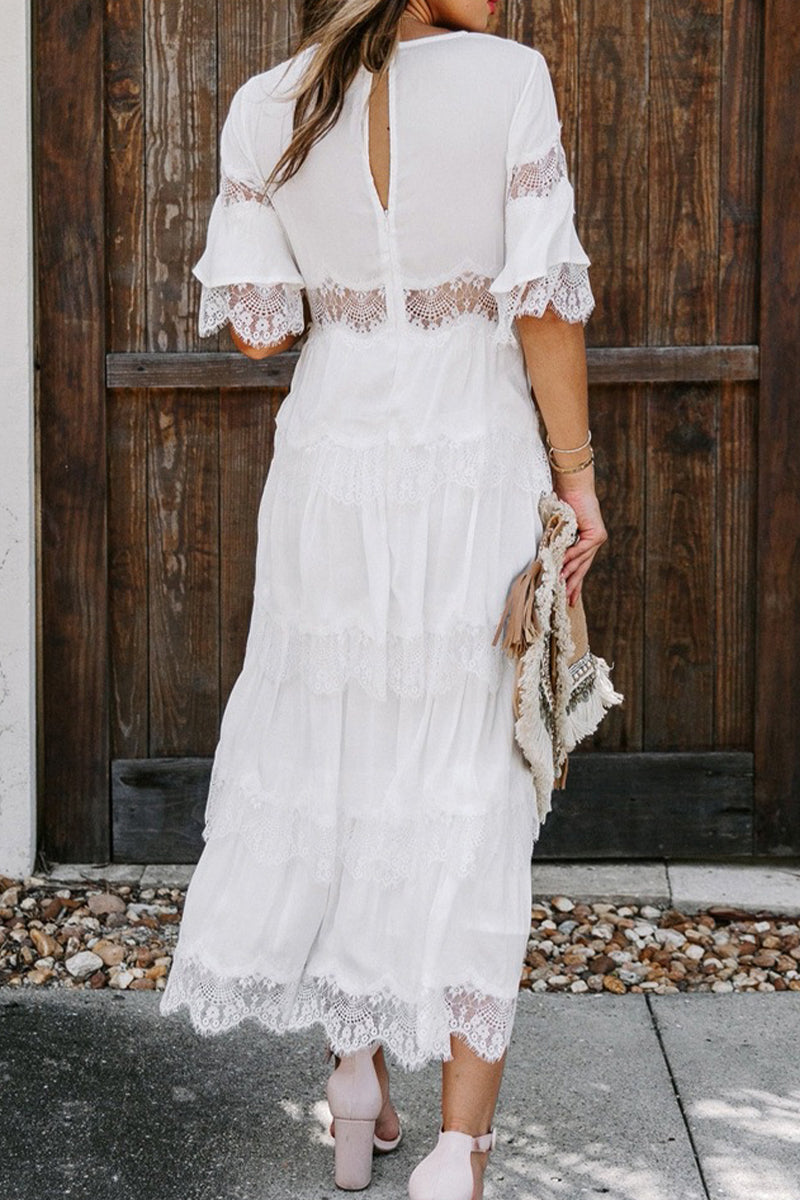 Elegante vestido de encaje liso con escote en V y falda pastel (3 colores)