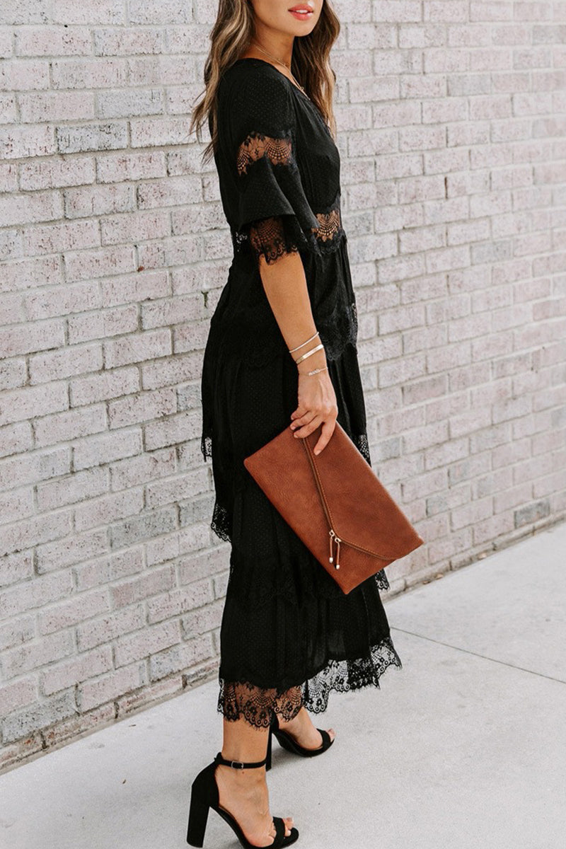 Elegante vestido de encaje liso con escote en V y falda pastel (3 colores)