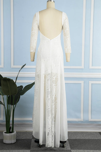 Vestidos dulces de encaje liso con espalda descubierta y cuello redondo