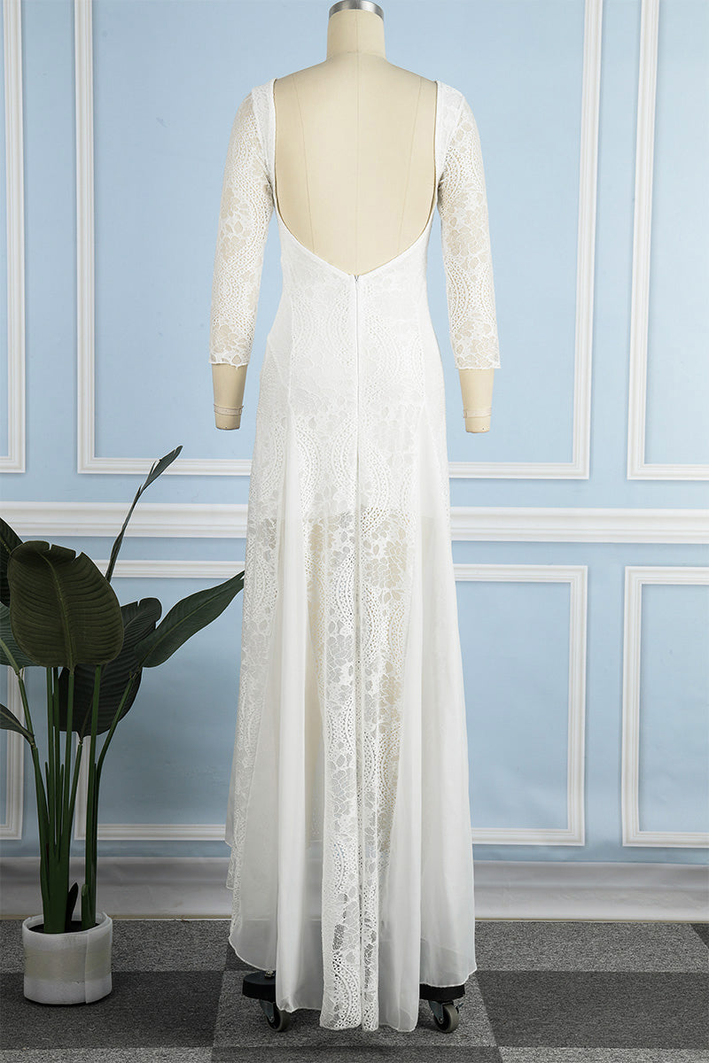 Vestidos dulces de encaje liso con espalda descubierta y cuello redondo