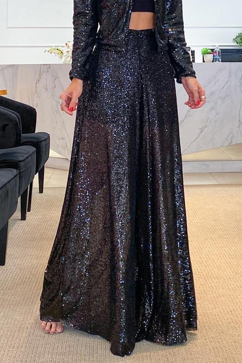 Pantalones casuales de lentejuelas lisas, sueltos, de cintura media y pierna ancha, de color liso (3 colores)