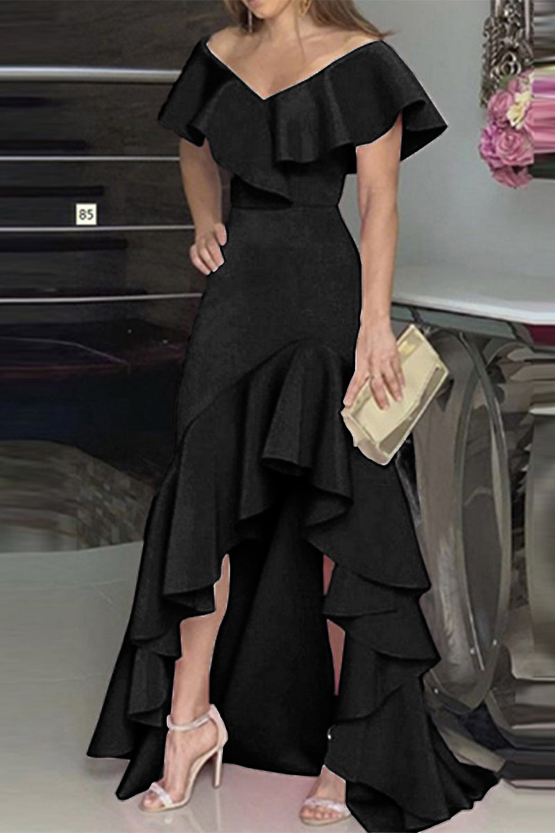 Elegante vestido irregular con escote en V y volantes lisos (4 colores)