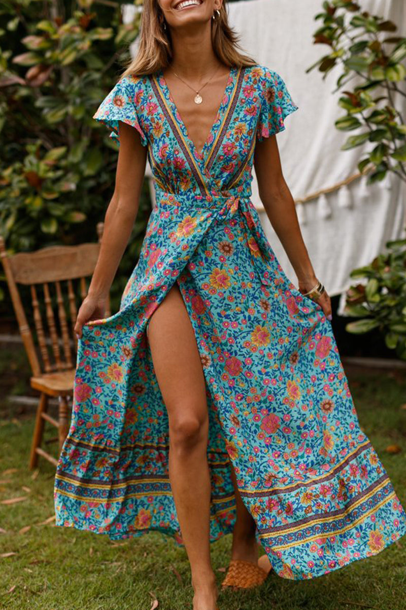 Sexy Elegant Print V Neck A Line Dresses(10 Colors)