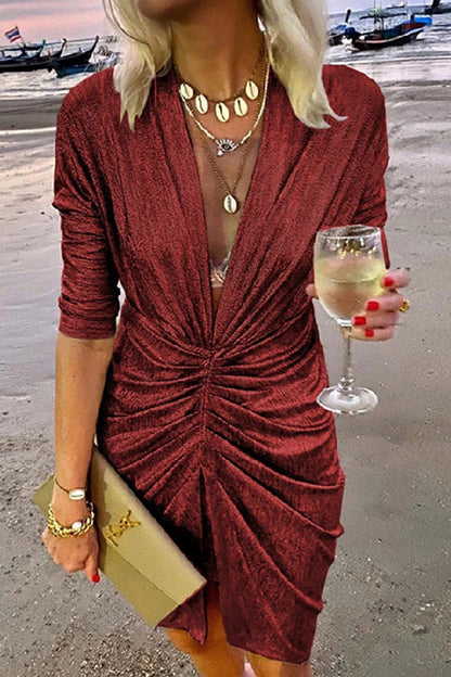 Vestidos elegantes de celebridades con escote en V, línea A y pliegues lisos (4 colores)