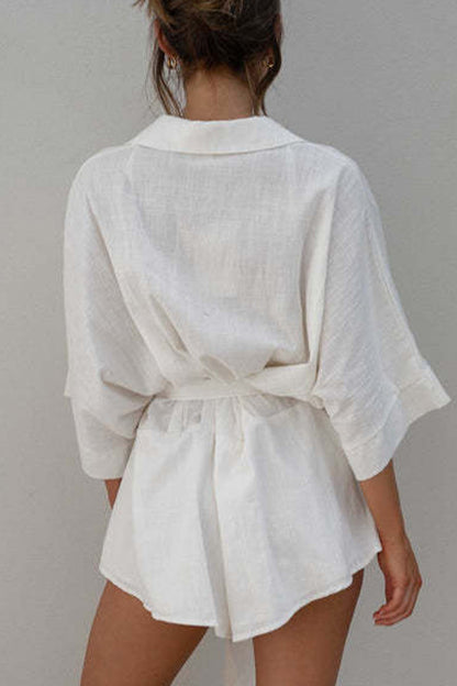 Casual Simplicity Solid Frenulum Turndown Collar Loose Jumpsuits