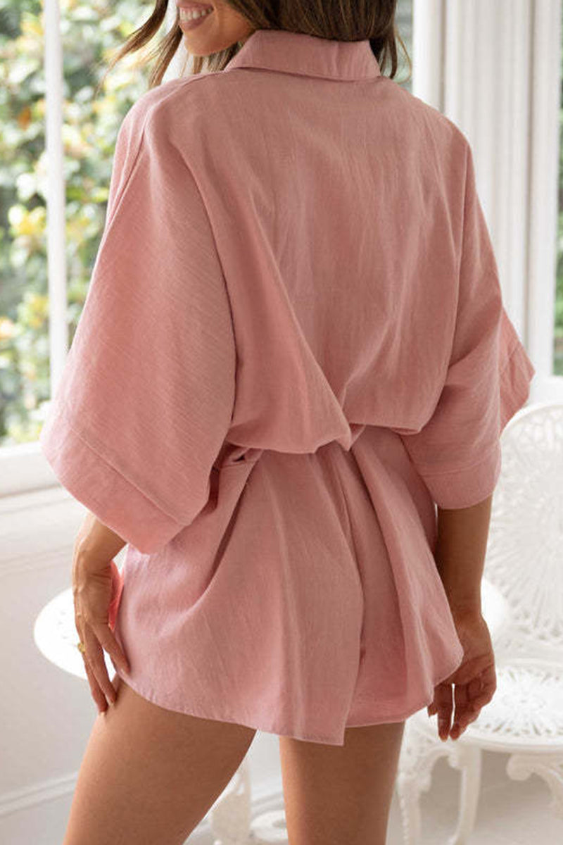 Casual Simplicity Solid Frenulum Solid Color Turndown Collar Loose Rompers