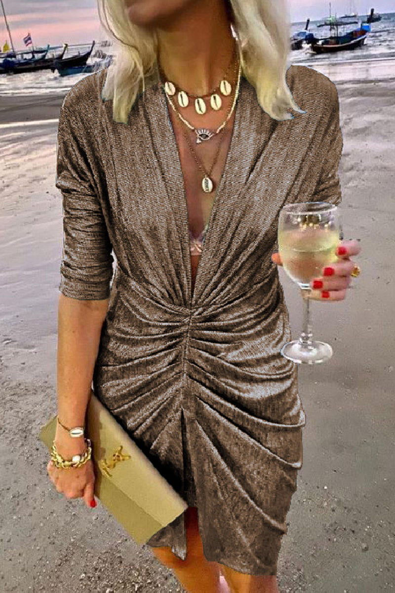 Vestidos elegantes de celebridades con escote en V, línea A y pliegues lisos (4 colores)