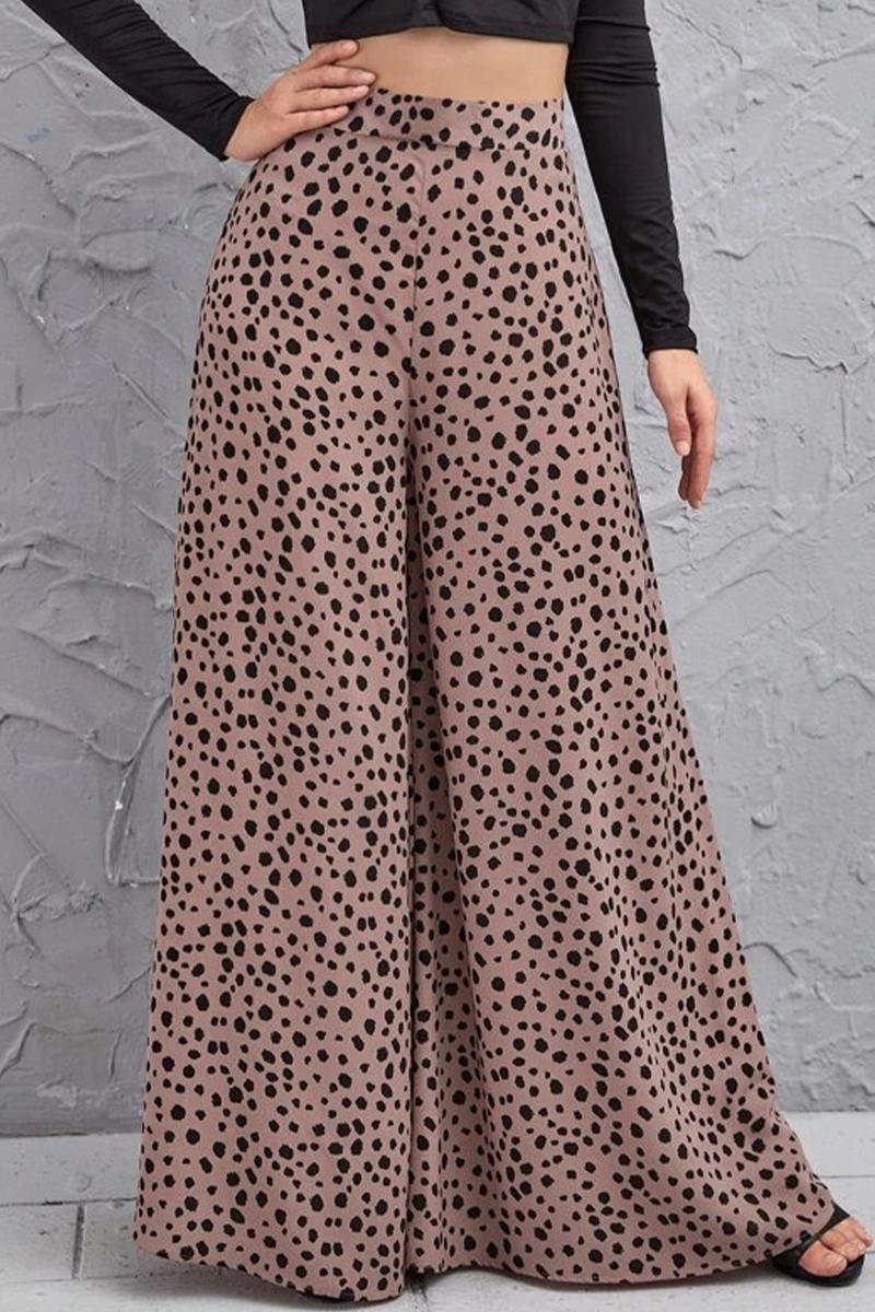 Pantalones casuales con estampado de leopardo, sueltos, de cintura alta y pierna ancha con estampado completo