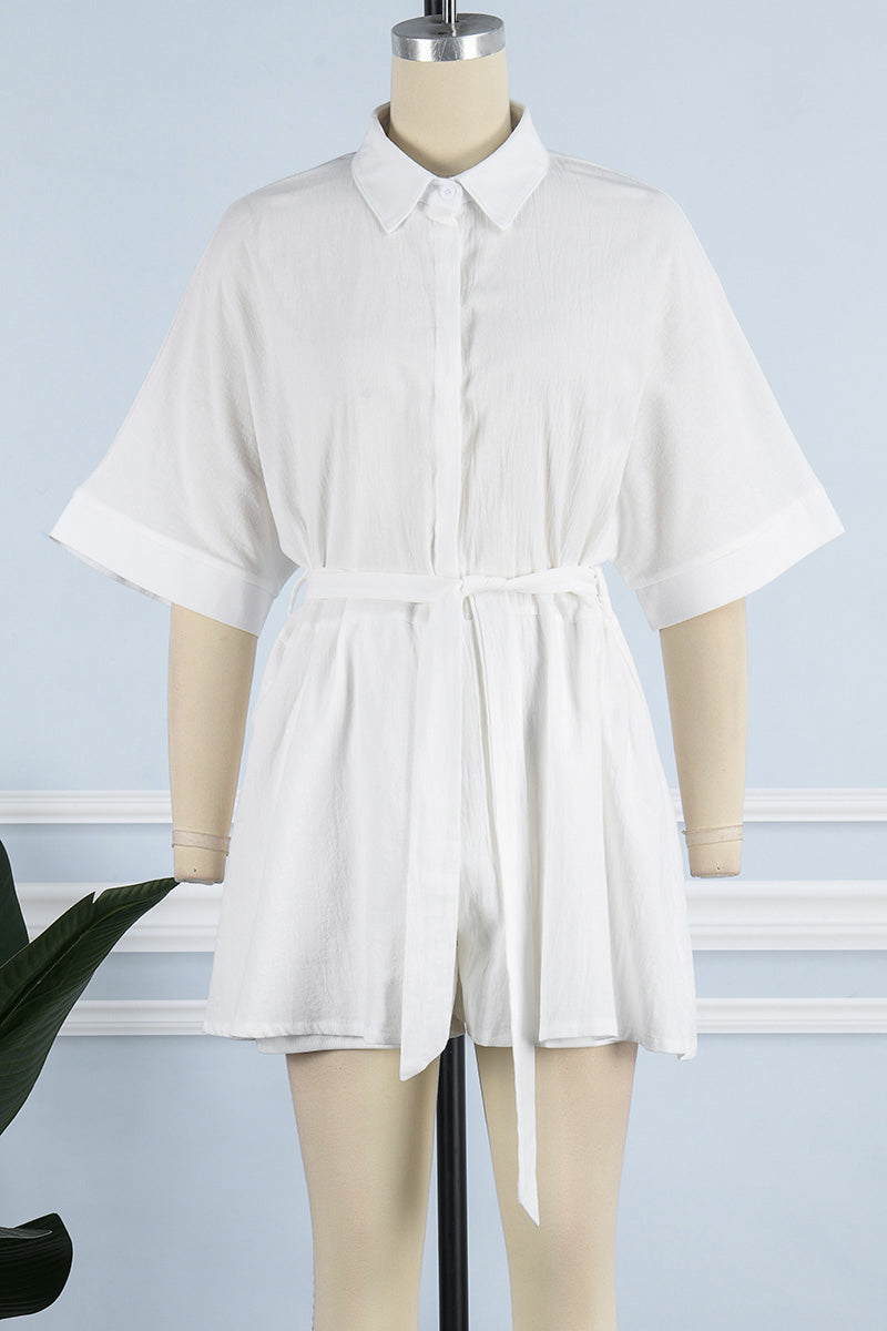 Casual Simplicity Solid Frenulum Solid Color Turndown Collar Loose Rompers