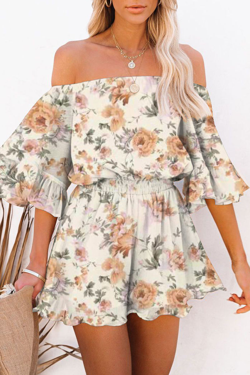 Casual Simplicity Print Patchwork Off the Shoulder Loose Rompers