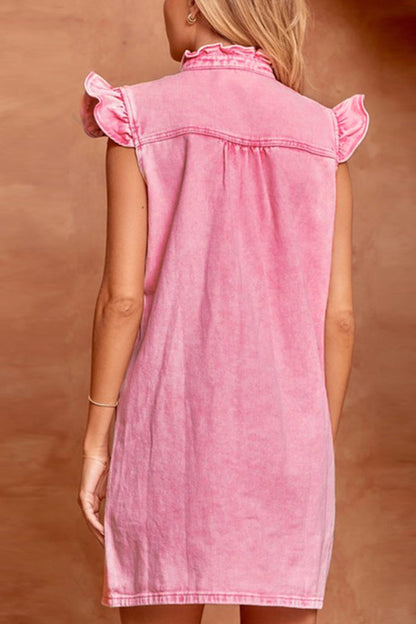 Vestidos vaqueros rectos de manga corta con cuello de hoja de loto y hebilla antigua de estilo informal y diario.